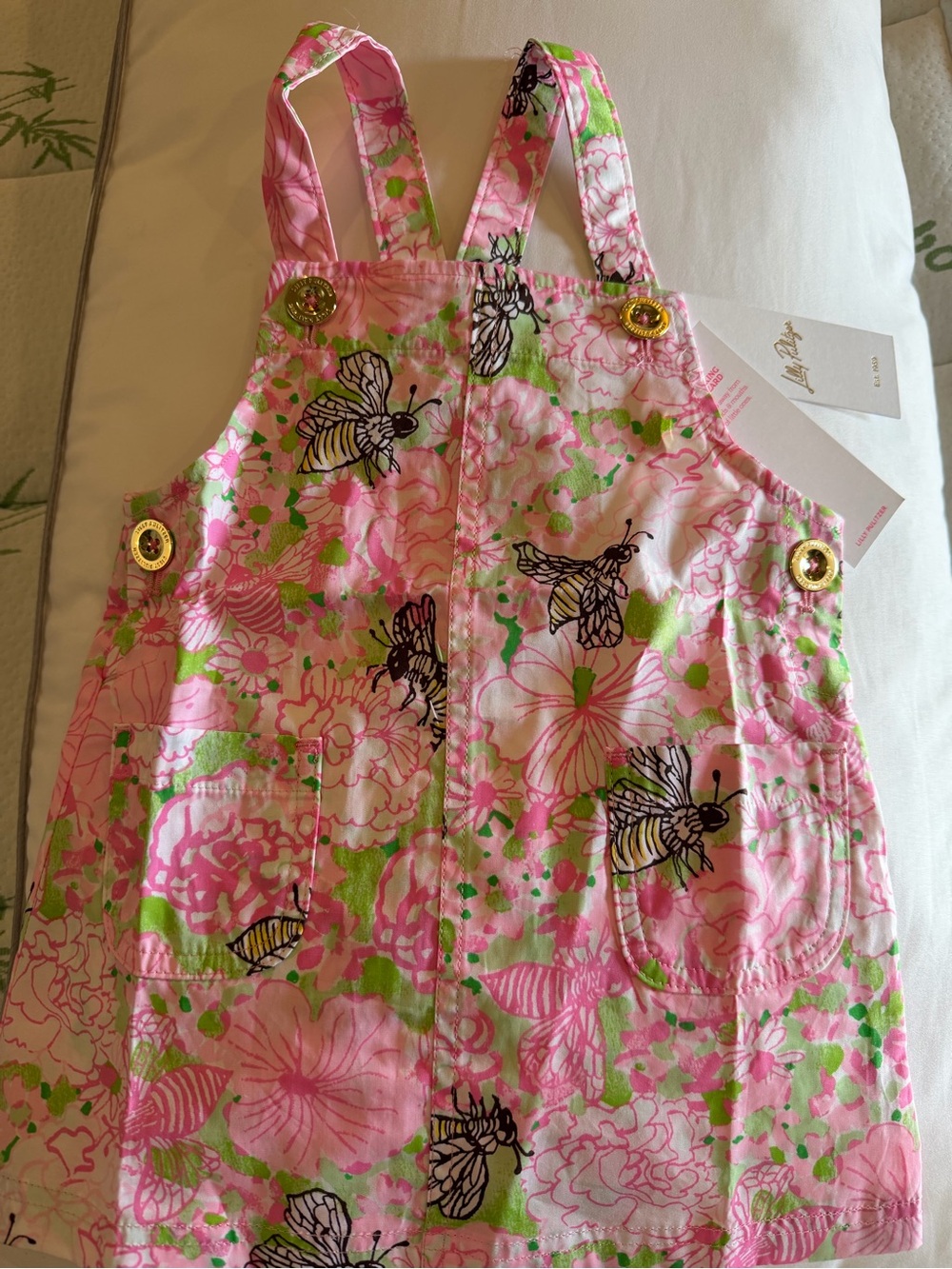 Lily Pulitzer Girls Pink Floral & Bee Cotton Overall Dress - Brand New